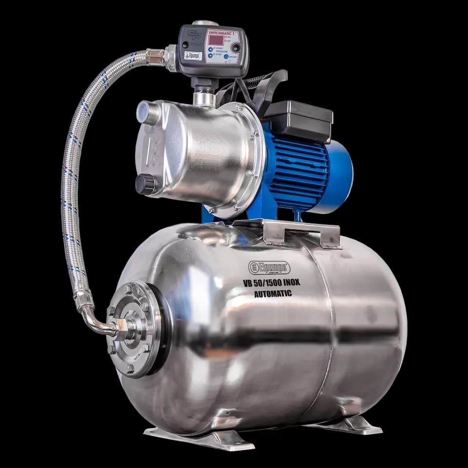 VB 50/1500 INOX Automatic Installation d'eau domestique, avec roue, corps de pompe et réservoir de pression INOX, 1500 W, 6.300 l/h, 4,8 bar, 50 L